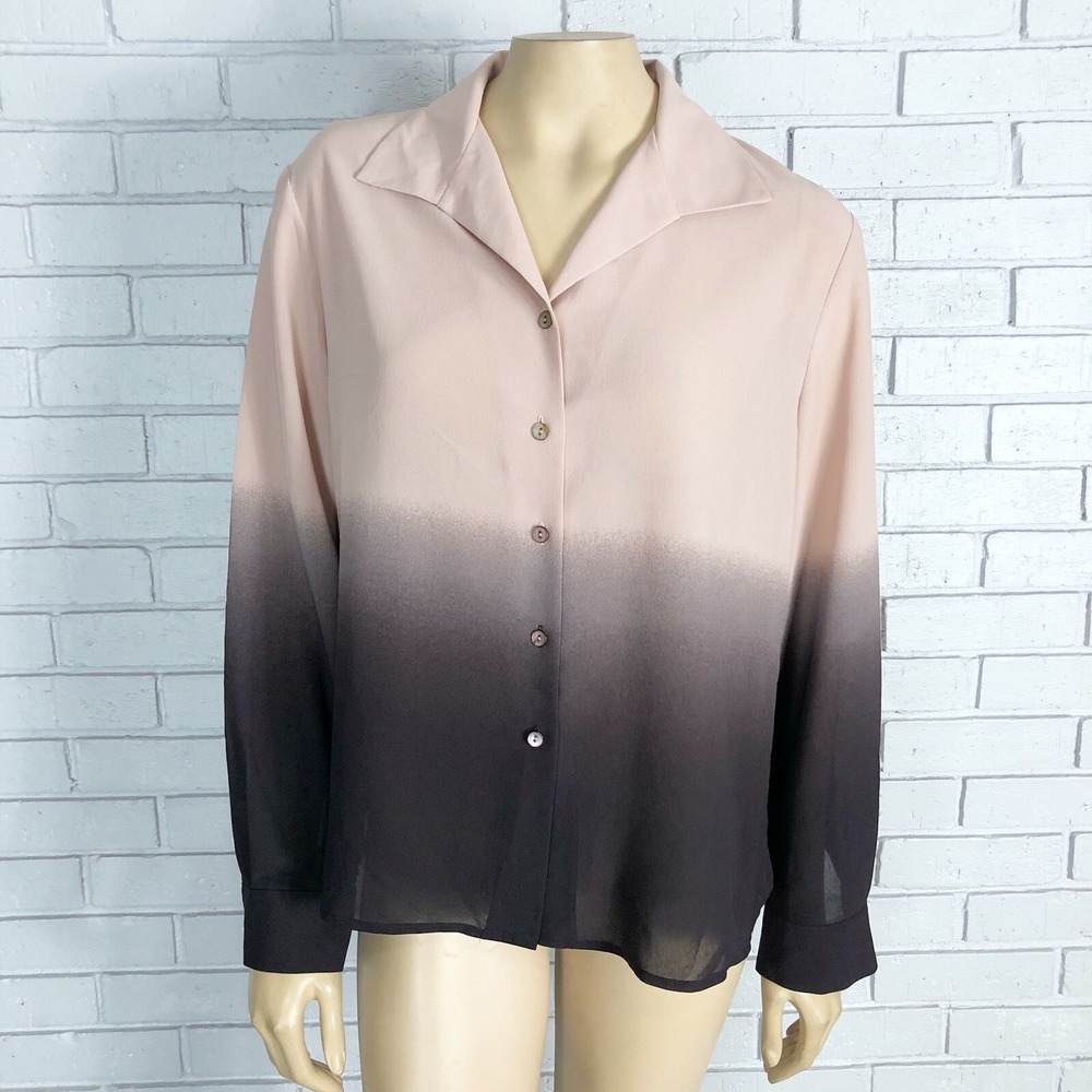 Rena Rowan Ombre Gradient Button Front Crepe Blouse Peach Brown Sz 16